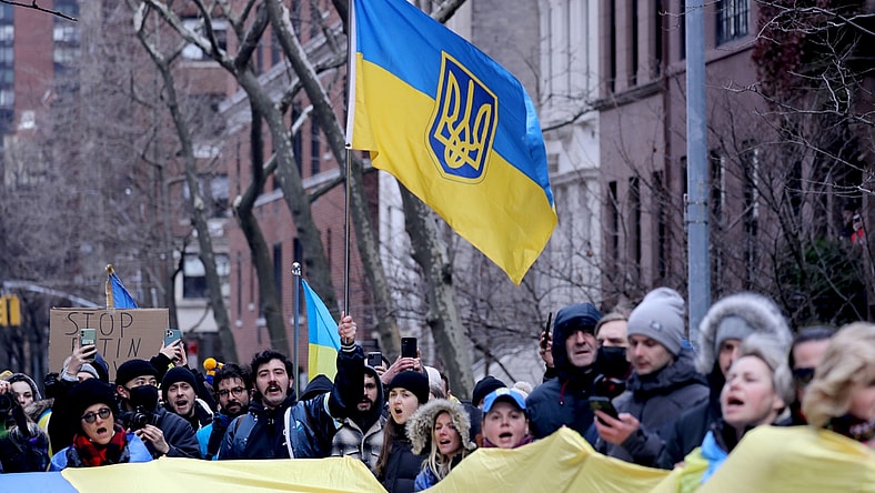 Several hundred protestors opposed to the Russian invasion gather near the Russian consulate in Manhattan Feb. 24, 2022. The protestors were enraged over Russia's invasion of Ukraine.

Anti Russian Protest Nyc