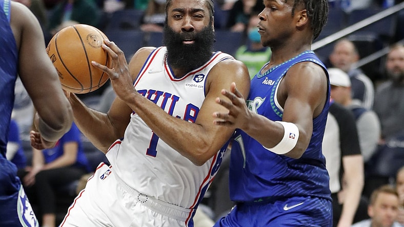 Feb 25, 2022; Minneapolis, Minnesota, USA; Philadelphia 76ers guard James Harden (1) dribbles around Minnesota Timberwolves forward Anthony Edwards (1) in the first quarter at Target Center. Mandatory Credit: Bruce Kluckhohn-USA TODAY Sports