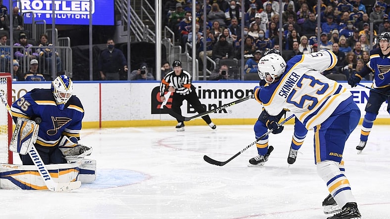 Feb 25, 2022; St. Louis, Missouri, USA; St. Louis Blues goaltender Ville Husso (35) makes a save on Buffalo Sabres left wing Jeff Skinner (53) during the third period at Enterprise Center. Mandatory Credit: Jeff Le-USA TODAY Sports