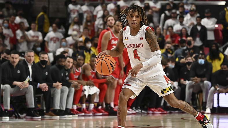Feb 27, 2022; College Park, Maryland, USA;  Maryland Terrapins guard Fatts Russell (4) dribbles down the court during the second half Ohio State Buckeyes at Xfinity Center. Mandatory Credit: Tommy Gilligan-USA TODAY Sports