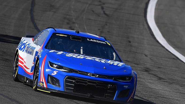 Feb 27, 2022; Fontana, California, USA; NASCAR Cup Series driver Kyle Larson (5) during the WISE Power 400 at Auto Club Speedway. Mandatory Credit: Gary A. Vasquez-USA TODAY Sports