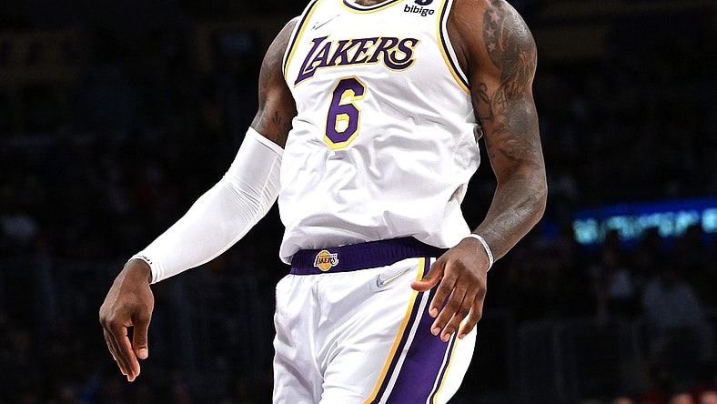 Feb 27, 2022; Los Angeles, California, USA;  Los Angeles Lakers forward LeBron James (6) reacts after missing a basket in the first half against the New Orleans Pelicans at Crypto.com Arena. Mandatory Credit: Jayne Kamin-Oncea-USA TODAY Sports