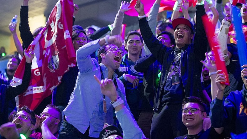 Aug 25, 2018; Vancouver, British Columbia, CAN; Fans watch as Team Evil Geniuses  plays Team LGD in the lower bracket final of the International Dota 2 Championships at Rogers Arena in Vancouver.  The championships are eSports largest annual tournament with approximately $25 million U.S. in prize money to be awarded.  Dota 2 is a free 10-player online video game with two teams of players from all over the world competing against one another in each game. Mandatory Credit: Bob Frid-USA TODAY Sports