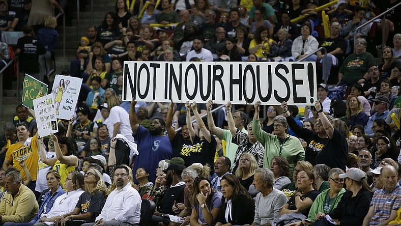 Sep 9, 2018; Seattle, WA, USA; Seattle Storm fans hold up a sign during the second quarter of game two of the WNBA Finals against the Washington Mystics at KeyArena. Mandatory Credit: Jennifer Buchanan-USA TODAY Sports