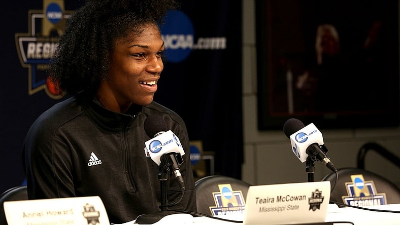 Mississippi State center Teaira McCowan answers questions during a press conference prior to the NCAA Women's Regional at the Moda Center in Portland on March 28, 2019. 

Ncaa Womens Regional Mississippi State Mr05