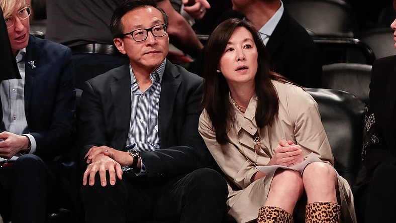 May 9, 2019; New York City, NY, USA; Taiwanese businessman Joe Tsai (left) looks on during the second half of the preseason WNBA game between the New York Liberty and the China National Team at Barclays Center.  Mandatory Credit: Vincent Carchietta-USA TODAY Sports
