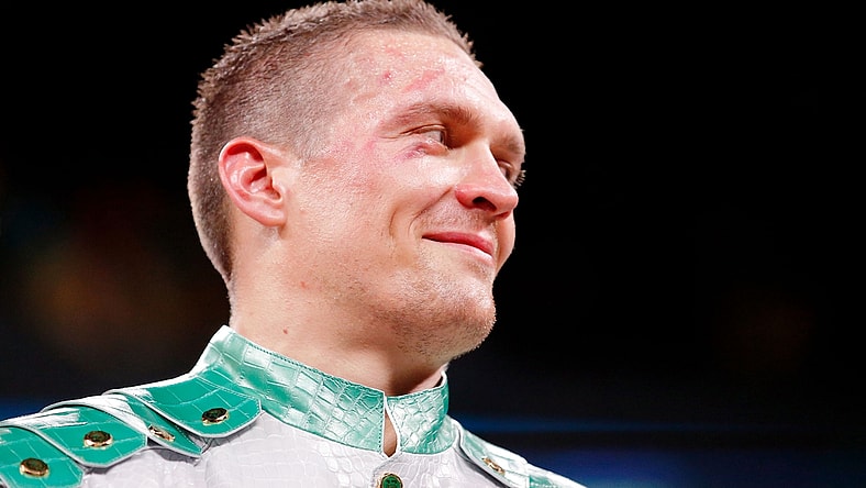 Oct 12, 2019; Chicago, IL, USA; Oleksandr Usyk (white trunks) after his win over Chazz Witherspoon (not pictured) box during a heavyweight boxing match at Wintrust Arena. Mandatory Credit: Jon Durr-USA TODAY Sports