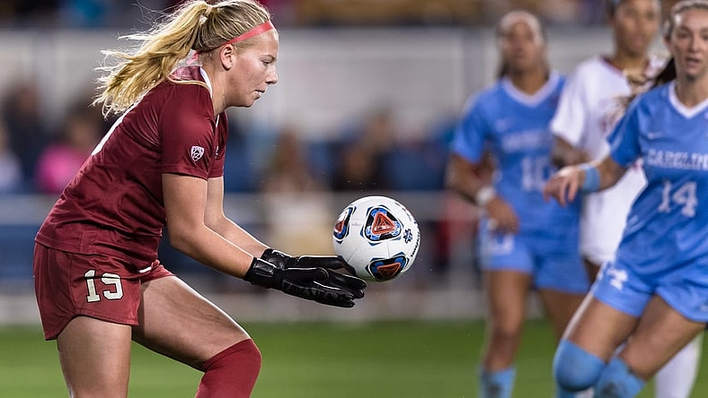 Dec 8, 2019; San Jose, CA, USA; Stanford Cardinal goalkeeper Katie Meyer (19) saves a shot by the North Carolina Tar Heels in the second half of the College Cup championship match at Avaya Stadium. Mandatory Credit: John Hefti-USA TODAY Sports