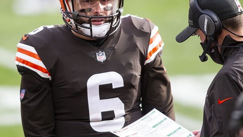 Nov 15, 2020; Cleveland, Ohio, USA; Cleveland Browns quarterback Baker Mayfield (6) talks with head coach Kevin Stefanski during the two-minute warning during the second quarter against the Houston Texans at FirstEnergy Stadium. Mandatory Credit: Scott Galvin-USA TODAY Sports
