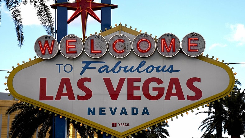 Dec 17, 2020; Paradise, Nevada, USA;  A general view of the Welcome to Fabulous Las Vegas sign on the Las Vegas strip. Mandatory Credit: Kirby Lee-USA TODAY Sports