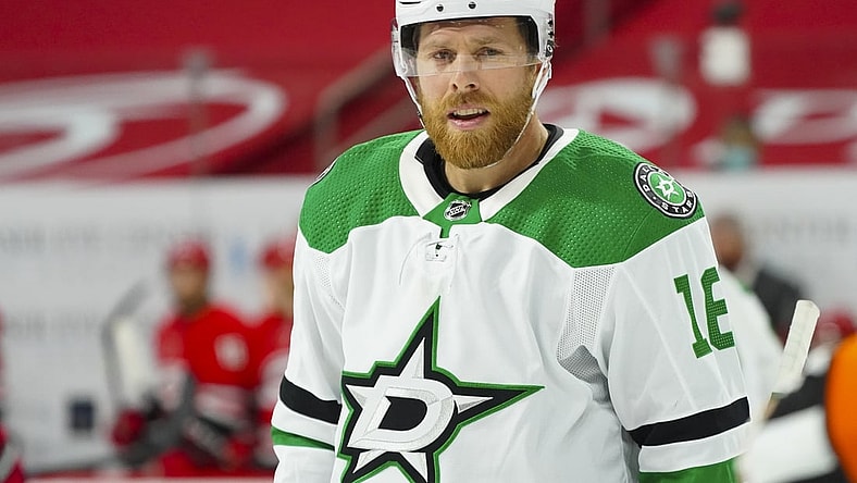 Jan 31, 2021; Raleigh, North Carolina, USA;  Dallas Stars center Joe Pavelski (16) reacts against the Carolina Hurricanes at PNC Arena. Mandatory Credit: James Guillory-USA TODAY Sports