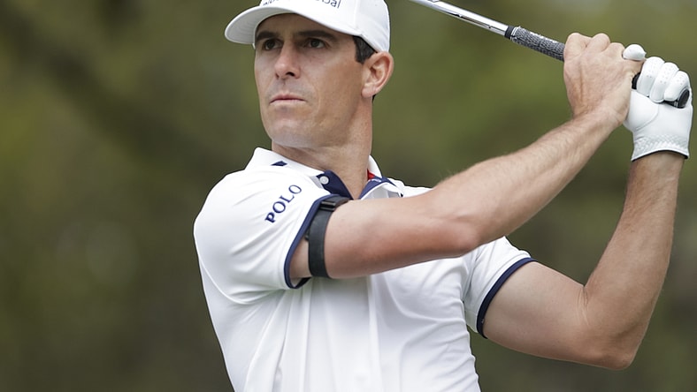 Mar 28, 2021; Austin, Texas, USA; Billy Horschel tees off on #10 in the semifinal match of the final day of the WGC Dell Technologies Match Play golf tournament at Austin Country Club. Mandatory Credit: Erich Schlegel-USA TODAY Sports