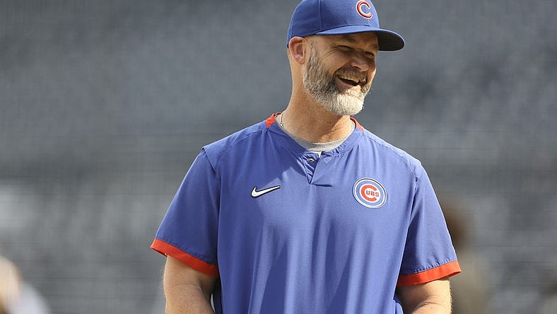 May 25, 2021; Pittsburgh, Pennsylvania, USA;  Chicago Cubs manager David Ross (3) reacts during batting practice before playing the Pittsburgh Pirates at PNC Park. Mandatory Credit: Charles LeClaire-USA TODAY Sports