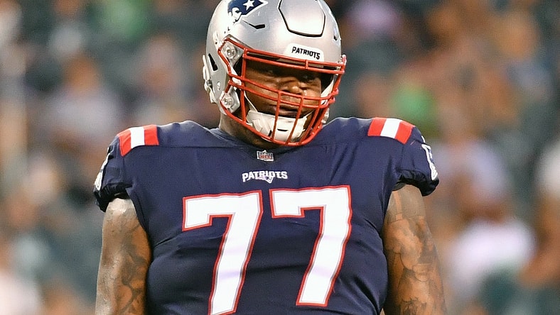Aug 19, 2021; Philadelphia, Pennsylvania, USA; New England Patriots offensive tackle Trent Brown (77) against the Philadelphia Eagles  at Lincoln Financial Field. Mandatory Credit: Eric Hartline-USA TODAY Sports
