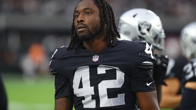 Sep 13, 2021; Paradise, Nevada, USA; Las Vegas Raiders linebacker Cory Littleton (42) against the Baltimore Ravens at Allegiant Stadium. Mandatory Credit: Mark J. Rebilas-USA TODAY Sports