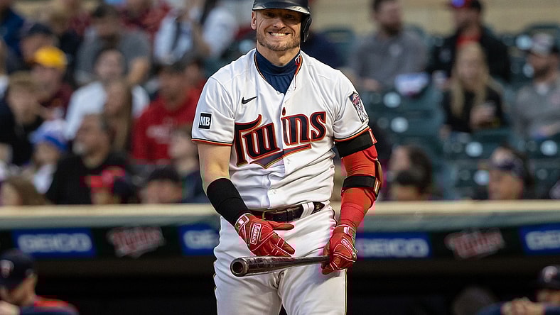 Sep 23, 2021; Minneapolis, Minnesota, USA; Minnesota Twins third baseman Josh Donaldson (20) reacts while batting during the first inning against the Toronto Blue Jays at Target Field. Mandatory Credit: Jordan Johnson-USA TODAY Sports