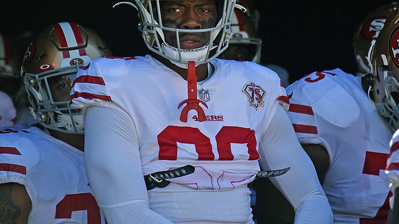 Sep 19, 2021; Philadelphia, Pennsylvania, USA;  San Francisco 49ers defensive end Arden Key (98) in the tunnel against the Philadelphia Eagles at Lincoln Financial Field. Mandatory Credit: Eric Hartline-USA TODAY Sports