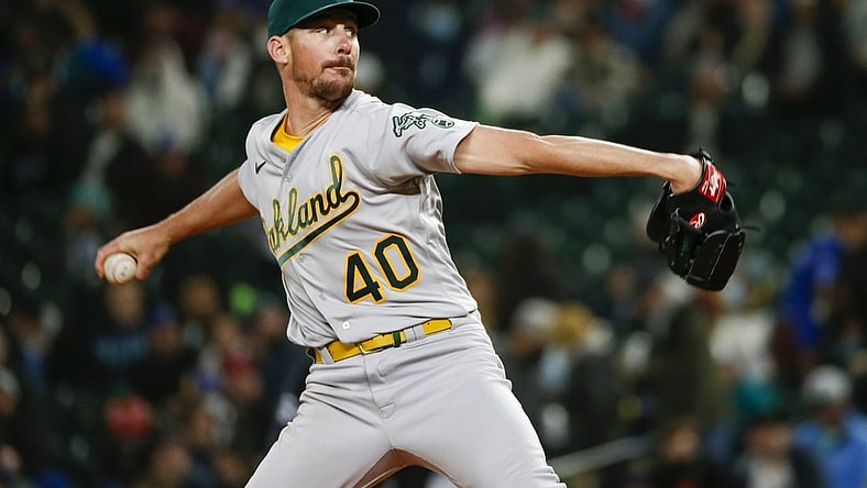 Sep 28, 2021; Seattle, Washington, USA; Oakland Athletics starting pitcher Chris Bassitt (40) throws against the Seattle Mariners during the third inning at T-Mobile Park. Mandatory Credit: Joe Nicholson-USA TODAY Sports