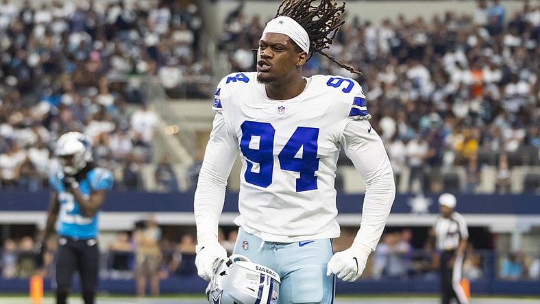 Oct 3, 2021; Arlington, Texas, USA; Dallas Cowboys defensive end Randy Gregory (94) celebrates against the Carolina Panthers at AT&T Stadium. Mandatory Credit: Mark J. Rebilas-USA TODAY Sports