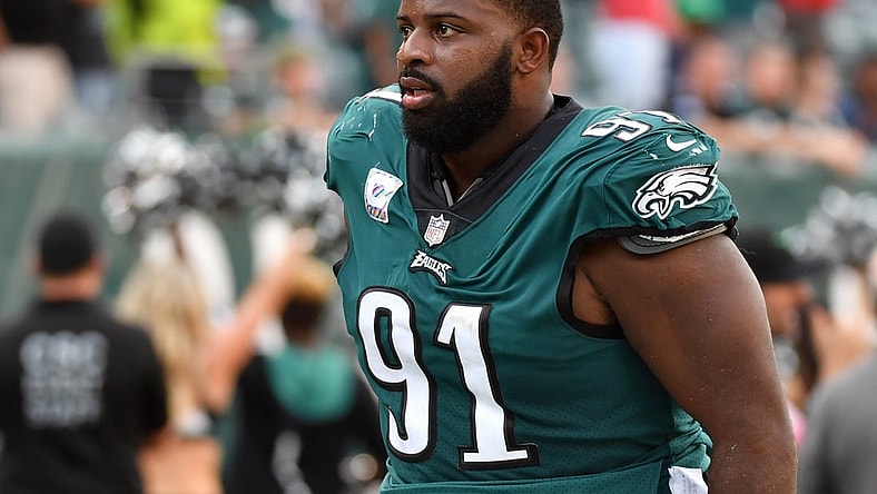 Oct 3, 2021; Philadelphia, Pennsylvania, USA; Philadelphia Eagles defensive tackle Fletcher Cox (91) runs off the field after loss against the Kansas City Chiefs at Lincoln Financial Field. Mandatory Credit: Eric Hartline-USA TODAY Sports