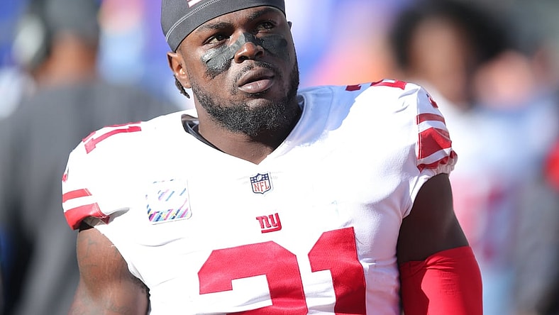 Oct 17, 2021; East Rutherford, New Jersey, USA; New York Giants free safety Jabrill Peppers (21) reacts during the fourth quarter against the Los Angeles Rams at MetLife Stadium. Mandatory Credit: Brad Penner-USA TODAY Sports