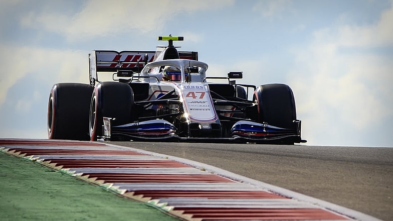 Oct 23, 2021; Austin, TX, USA; Uralkali Haas F1 Team driver Mick Schumacher (47) of Team Germany drives during the qualifying session for the United States Grand Prix at Circuit of the Americas. Mandatory Credit: Jerome Miron-USA TODAY Sports