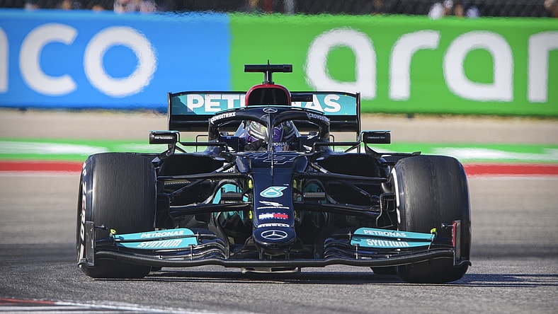 Oct 24, 2021; Austin, TX, USA; Mercedes AMG Petronas Motorsport driver Lewis Hamilton (44) of Team Great Britain drives during the United States Grand Prix Race at Circuit of the Americas. Mandatory Credit: Jerome Miron-USA TODAY Sports