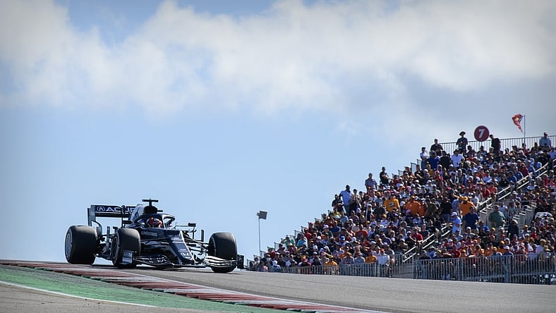 Oct 24, 2021; Austin, TX, USA; Scuderia Alpha Tauri driver Yuki Tsunoda (22) of Team Japan drives during the United States Grand Prix Race at Circuit of the Americas. Mandatory Credit: Jerome Miron-USA TODAY Sports