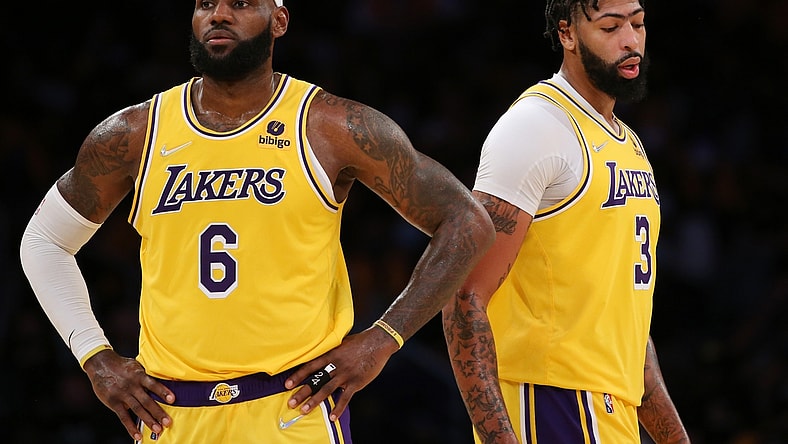Oct 19, 2021; Los Angeles, California, USA;Los Angeles Lakers forward LeBron James (6) and forward Anthony Davis (3) on the court during the game against the Golden State Warriors at Staples Center. The Warriors won 121-114. Mandatory Credit: Kiyoshi Mio-USA TODAY Sports