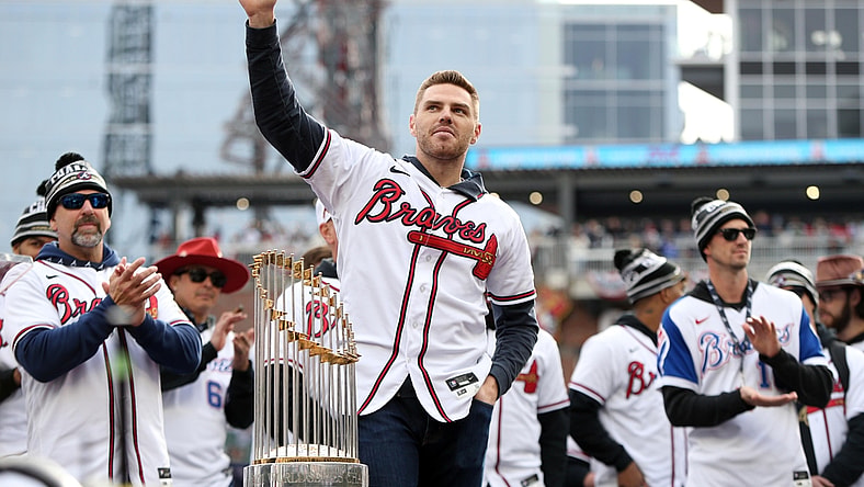 Nov 5, 2021; Atlanta, GA, USA; Atlanta Braves first baseman Freddie Freeman waves to the crowd during the World Series championship rally at Truist Park. Mandatory Credit: Brett Davis-USA TODAY Sports