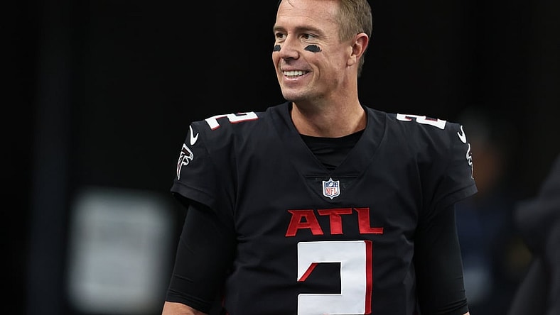 Nov 14, 2021; Arlington, Texas, USA; Atlanta Falcons quarterback Matt Ryan (2) smiles prior to the game against the Dallas Cowboys at AT&T Stadium. Mandatory Credit: Matthew Emmons-USA TODAY Sports