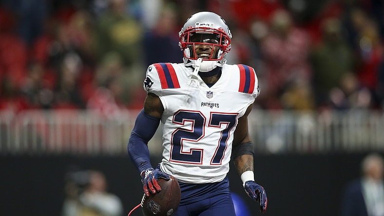 Nov 18, 2021; Atlanta, Georgia, USA; New England Patriots cornerback J.C. Jackson (27) celebrates after an interception against the Atlanta Falcons in the second half at Mercedes-Benz Stadium. Mandatory Credit: Brett Davis-USA TODAY Sports