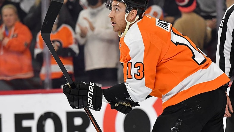 Nov 16, 2021; Philadelphia, Pennsylvania, USA;  Philadelphia Flyers center Kevin Hayes (13) against the Calgary Flames at Wells Fargo Center. Mandatory Credit: Eric Hartline-USA TODAY Sports