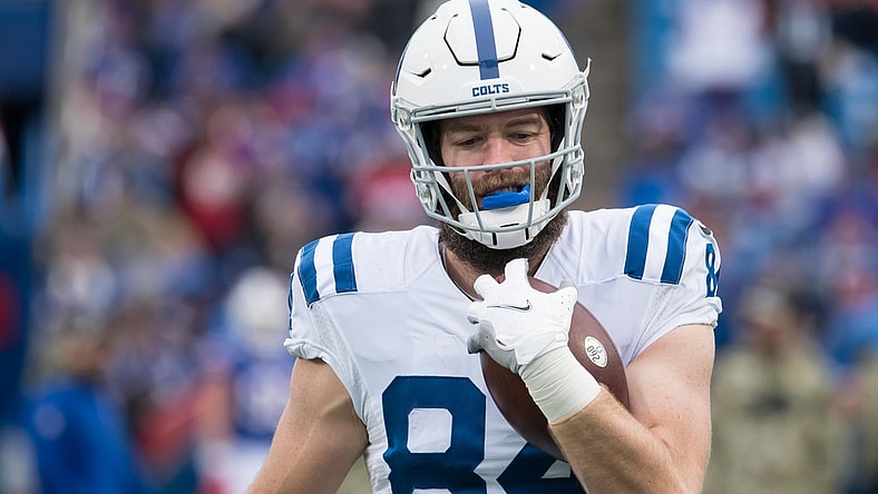 Nov 21, 2021; Orchard Park, New York, USA; Indianapolis Colts tight end Jack Doyle (84) warms up before a game against the Buffalo Bills at Highmark Stadium. Mandatory Credit: Mark Konezny-USA TODAY Sports