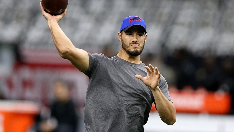 Nov 25, 2021; New Orleans, Louisiana, USA; Buffalo Bills quarterback Mitchell Trubisky (10) warms up before the game against the New Orleans Saints at the Caesars Superdome. Mandatory Credit: Chuck Cook-USA TODAY Sports