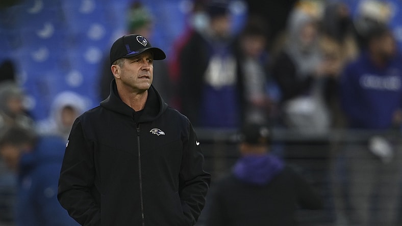 Dec 19, 2021; Baltimore, Maryland, USA;  Baltimore Ravens head coach John Harbaugh on the walks the field before the game against the Green Bay Packers at M&T Bank Stadium. Mandatory Credit: Tommy Gilligan-USA TODAY Sports