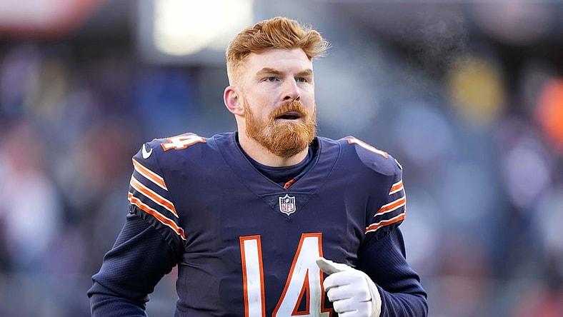 Jan 2, 2022; Chicago, Illinois, USA; Chicago Bears quarterback Andy Dalton (14) reacts after the game against the New York Giants during the second half at Soldier Field. Mandatory Credit: Mike Dinovo-USA TODAY Sports