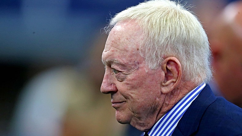 Oct 3, 2021; Arlington, Texas, USA; Dallas Cowboys owner Jerry Jones on the field before the game against the Carolina Panthers at AT&T Stadium. Mandatory Credit: Mark J. Rebilas-USA TODAY Sports