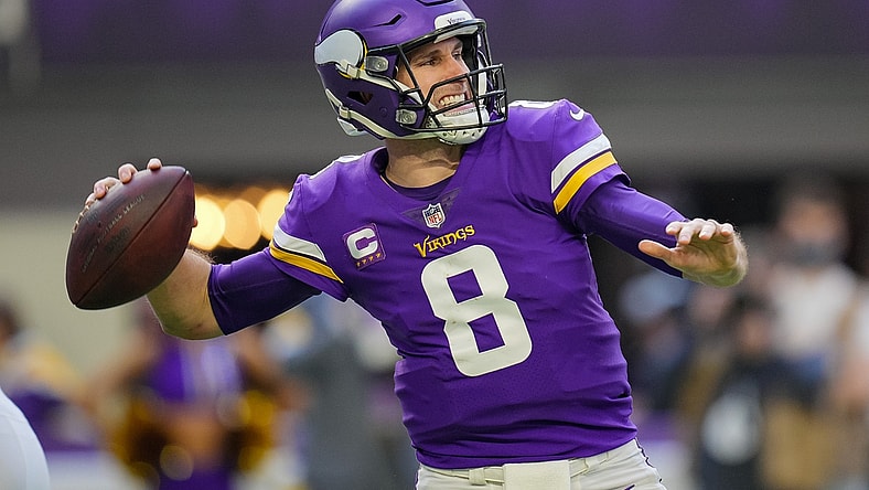 Jan 9, 2022; Minneapolis, Minnesota, USA; Minnesota Vikings quarterback Kirk Cousins (8) passes against the Chicago Bears in the second quarter at U.S. Bank Stadium. Mandatory Credit: Brad Rempel-USA TODAY Sports