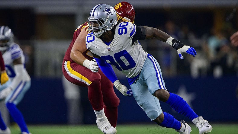 Dec 26, 2021; Arlington, Texas, USA; Dallas Cowboys defensive end Demarcus Lawrence (90) in action during the game between the Washington Football Team and the Dallas Cowboys at AT&T Stadium. Mandatory Credit: Jerome Miron-USA TODAY Sports