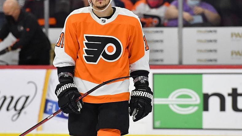 Jan 20, 2022; Philadelphia, Pennsylvania, USA; Philadelphia Flyers right wing Travis Konecny (11) reacts after loss to the Columbus Blue Jackets at Wells Fargo Center. Mandatory Credit: Eric Hartline-USA TODAY Sports