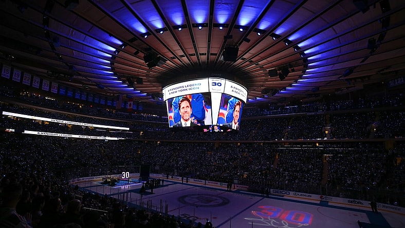 Jan 28, 2022; New York, New York, USA; General view of Madison Square Garden during a ceremony to retire the number of New York Rangers former goalie Henrik Lundqvist before a game against the Minnesota Wild. Mandatory Credit: Brad Penner-USA TODAY Sports