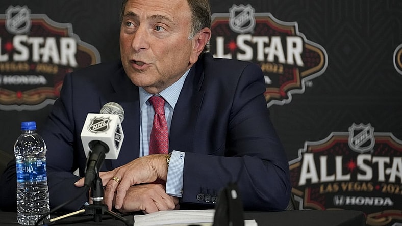 Feb 4, 2022; Las Vegas, Nevada, USA; NHL commissioner Gary Bettman speaks with media prior to the 2022 NHL All-Star Game Skills Competition at T-Mobile Arena. Mandatory Credit: Stephen R. Sylvanie-USA TODAY Sports