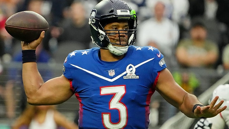 Feb 6, 2022; Paradise, Nevada, USA; NFC quarterback Russel Wilson of the Seattle Seahawks (3) passes the ball against the AFC during the third quarter during the Pro Bowl football game at Allegiant Stadium. Mandatory Credit: Kirby Lee-USA TODAY Sports