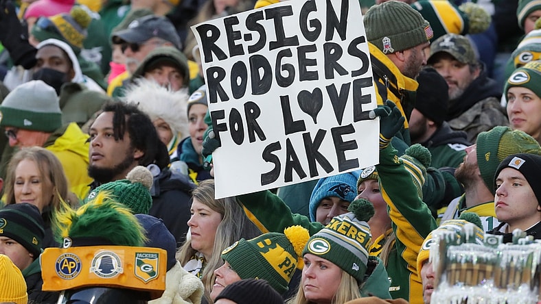 A fan holds a sign about Green Bay Packers quarterback Aaron Rodgers during the first quarter of their game Sunday, November 14, 2021 at Lambeau Field in Green Bay, Wis. There were few signs regarding Rodgers. The Green Bay Packers beat the Seattle Seahawks 17-0.
Mjs Packers15 8 Jpg Packers15
