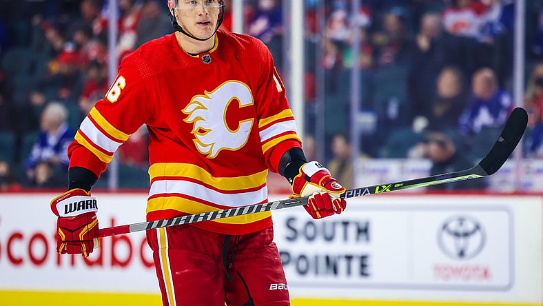 Feb 10, 2022; Calgary, Alberta, CAN; Calgary Flames defenseman Nikita Zadorov (16) during the third period against the Toronto Maple Leafs at Scotiabank Saddledome. Mandatory Credit: Sergei Belski-USA TODAY Sports