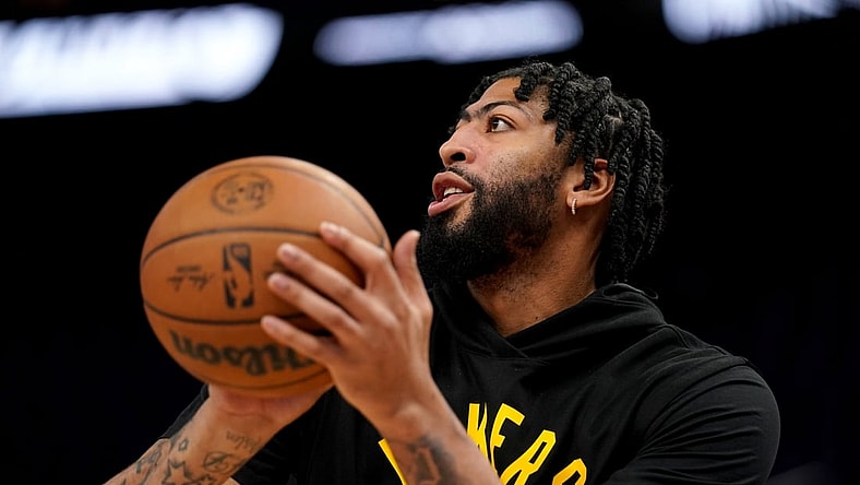 Feb 12, 2022; San Francisco, California, USA; Los Angeles Lakers forward Anthony Davis (3) warms up before the start of the game against the Golden State Warriors at the Chase Center. Mandatory Credit: Cary Edmondson-USA TODAY Sports