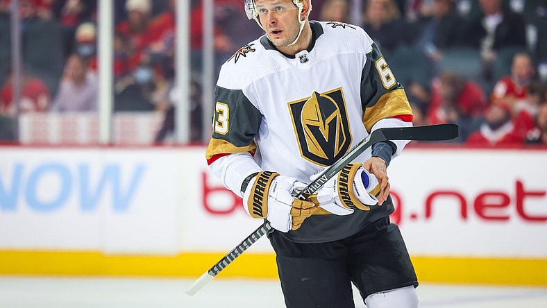Feb 9, 2022; Calgary, Alberta, CAN; Vegas Golden Knights right wing Evgenii Dadonov (63) during the first period against the Calgary Flames at Scotiabank Saddledome. Mandatory Credit: Sergei Belski-USA TODAY Sports