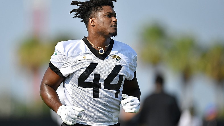 Jaguars LB (44) Myles Jack runs on the field during Wednesday's training camp session.  The Jacksonville Jaguars training camp session, Wednesday, July 28, 2021, at the team's practice fields outside TIAA Bank Field. [Bob Self/Florida Times-Union]

Jki 072821 Jagstrainingcam 7