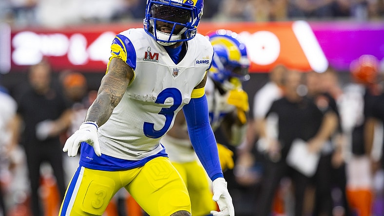 Feb 13, 2022; Inglewood, CA, USA; Los Angeles Rams wide receiver Odell Beckham Jr. (3) against the Cincinnati Bengals during Super Bowl LVI at SoFi Stadium. Mandatory Credit: Mark J. Rebilas-USA TODAY Sports